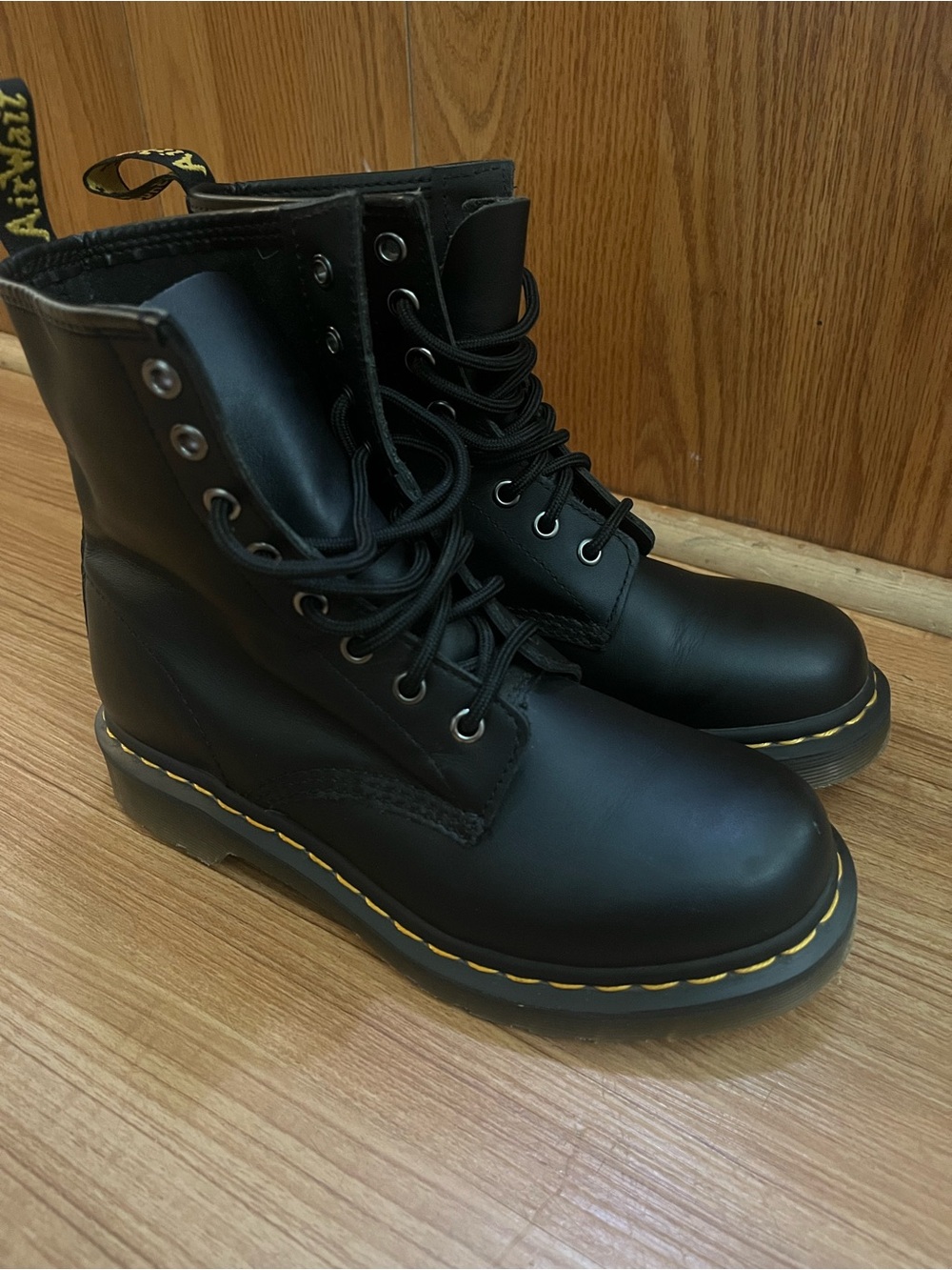 Dr. Martens Black Leather Boots with Yellow Stitching